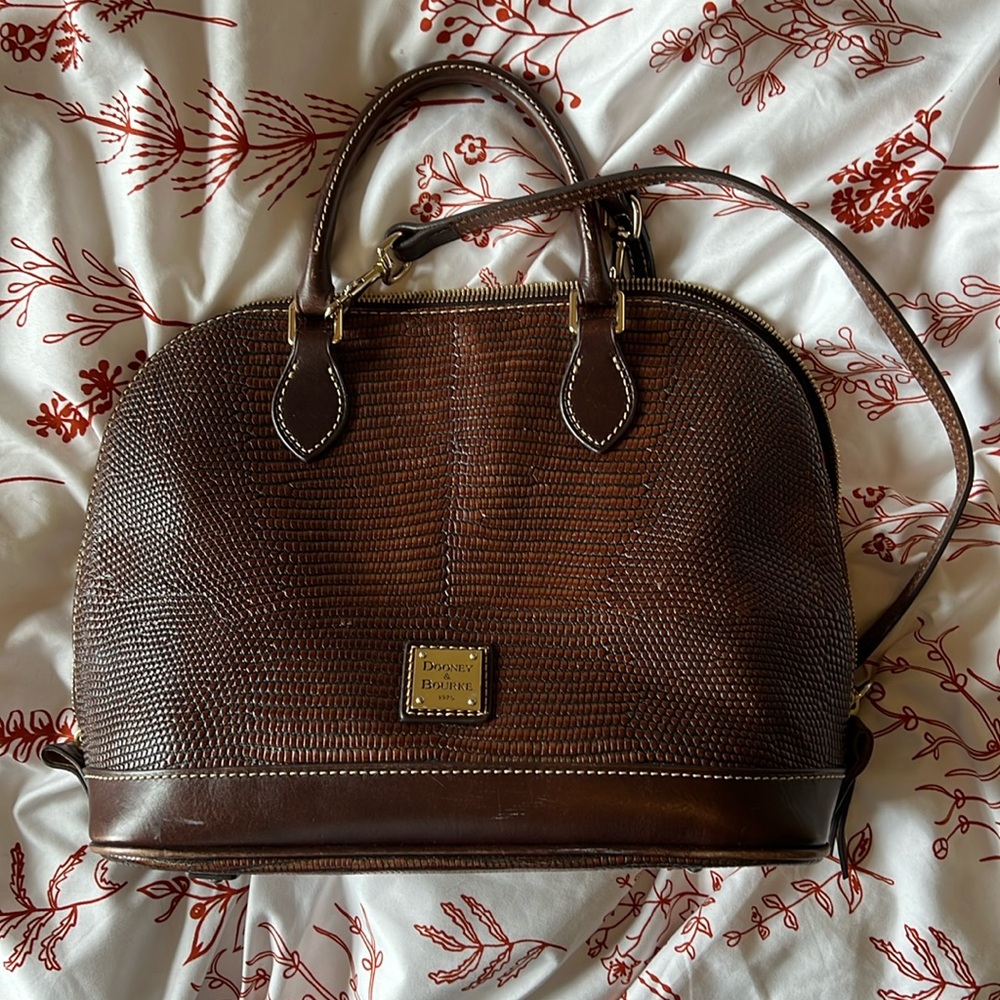 Dooney & Bourke Lizard Embossed Brown Leather Zip Zip Satchel Handbag